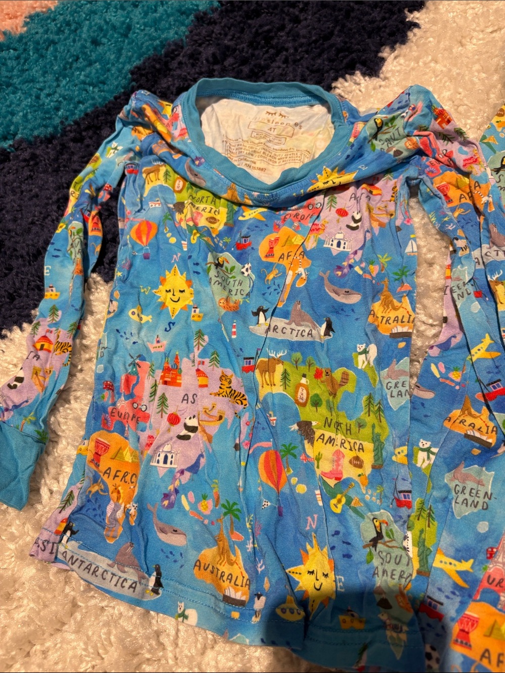 Little Sleepies Multicolor World Map Pajama Top with Bright Blue Trim - Picture 3 of 5